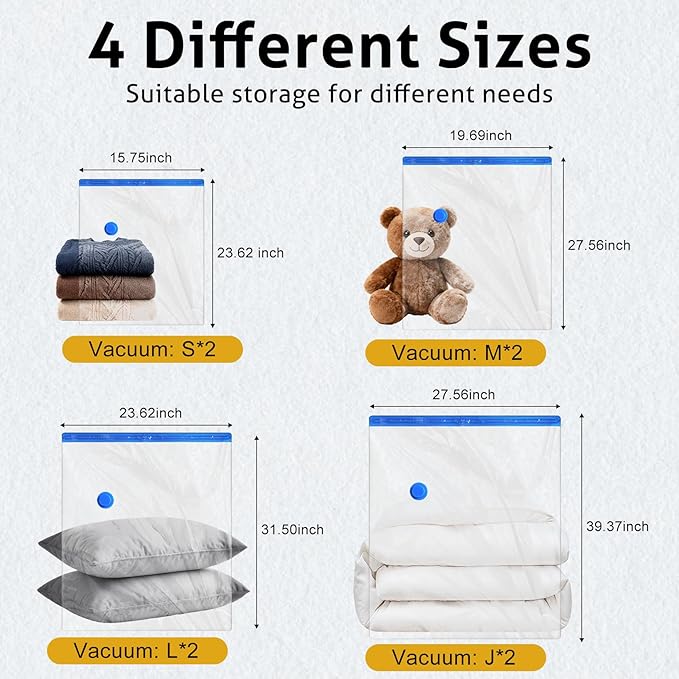 8 Pack Travel Vacuum Storage Bags 4 Size(24/28/32/40 Inch), Portable Vacuum Seal Bags for Clothing Travel with Pump, Space Sa