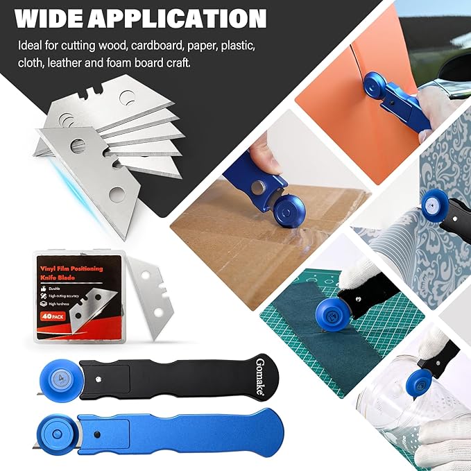Gomake Vinyl Wrap Cutter Car Coating Film Window Tint Cutting and Trimming Alloy Roller Positioning Knife Paperback Slitter Knife for Car Wrapping,Wallpaper Pasting (Replace Blades)