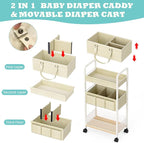 2In1 Baby Diaper Caddy & 3-Tier Rolling Cart, Diaper Caddy Organizer Carts with Dividers, Mobile Metal Utility Cart for Nurse