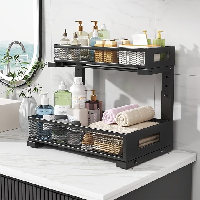 2-Pack Under Sink Storage Organizer, Large 2-Tier Elegant Mesh Pull Out Shelf for Kitchen and Bathroom Cabinet Organization, 