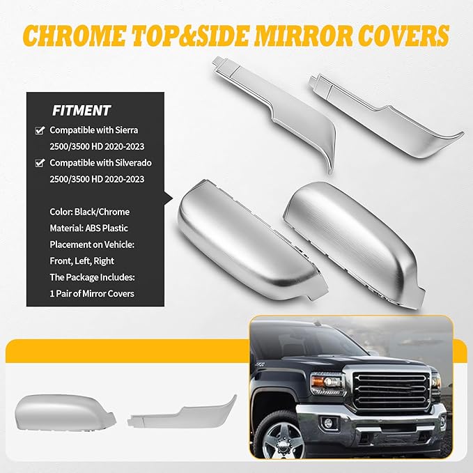Chrome Side Mirror Cover Cap Trims Compatible with Silverado Sierra 2500 3500 HD 2020-2023 Top&Side Door Exterior Rearview Mirror Cap Rearview Mirror Housing