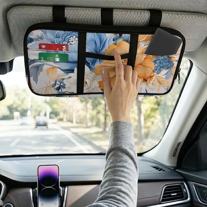 Floral Zippered Car Accessories Sun Visor Organizer with Adjustable Straps and Multi-Pocket Car Sun Visor Storage Bag with Picture Holder Easy Installation Universal Fit for Most Cars SUV