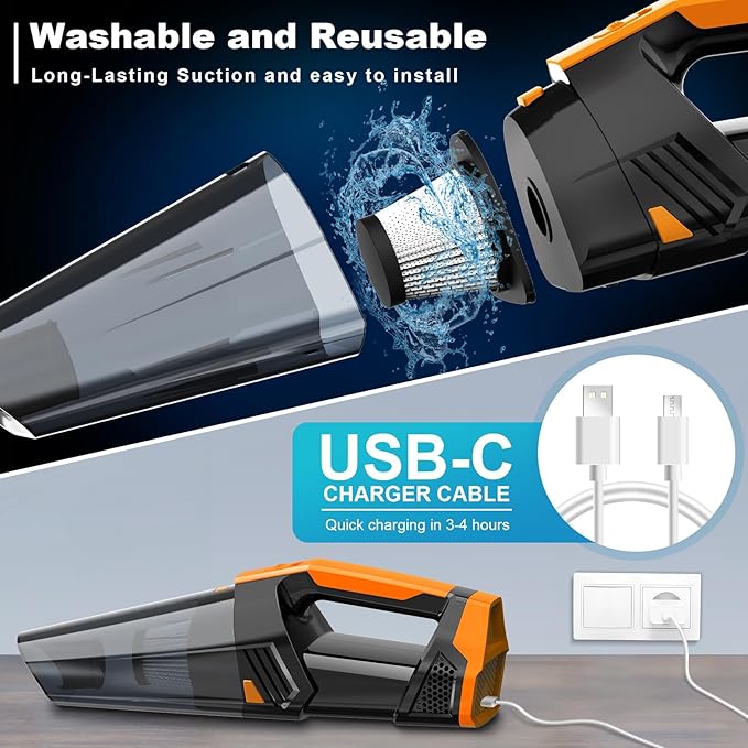 Car Vacuum Portable with LED Light, High Power Suction, Lightweight Rechargeable Hand Vacuum, Hand Held Vacuum Cleaner for Ca