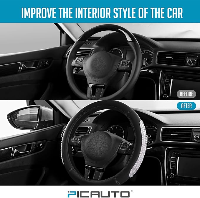 PIC AUTO Steering Wheel Cover, Glitter Gel Particles & Black Luxury Leather Car Steering Cover, Universal Fit 14.5"-15.5" Ant