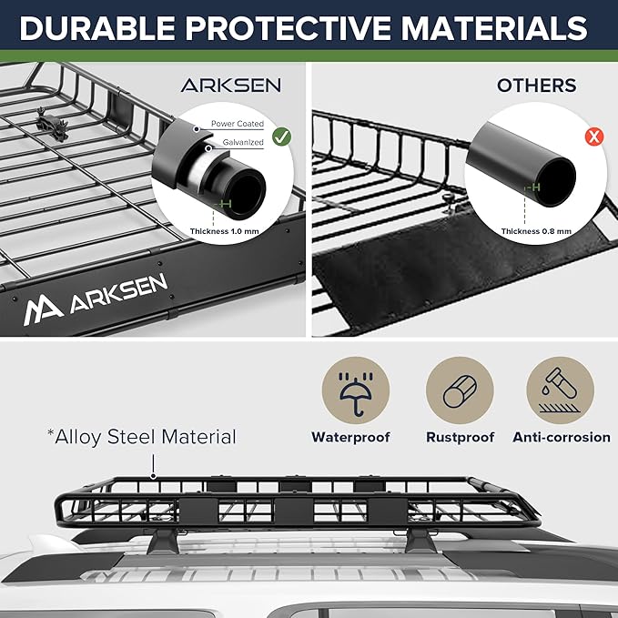 ARKSEN 54 x 39 x 5 Inch Roof Rack Cargo Carrier, Rooftop Cargo Basket with Extension, 150 lbs Capacity Heavy Duty Car Top Luggage Rack for SUV, Pickup Truck with Net & Ratchet Straps