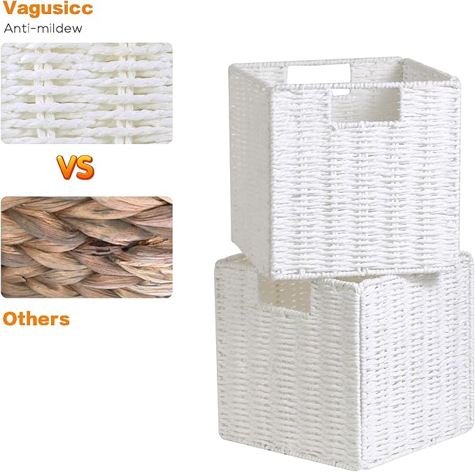 Vagusicc Wicker Storage Basket, Set of 2 Hand-Woven Wicker Baskets for Organizing, Foldable Cube Storage Basket Bins, 13 Inch