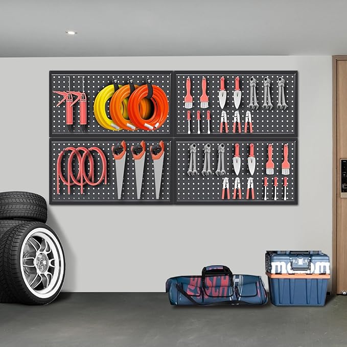 Jack Boss 48x24 Inch Metal Pegboard Wall Organizer, Black Pegboard Panels Tool Organizer Kit with Accessories Hooks and Bins,