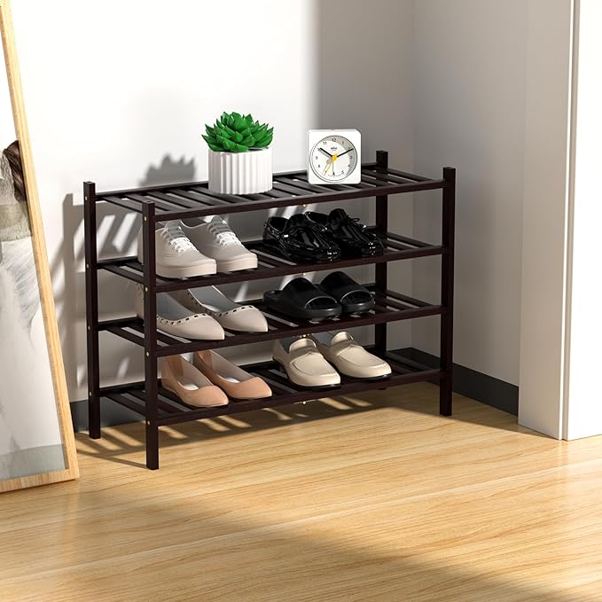 RONGJlA 4 Tier Bamboo Shoe Rack for Closet Free Standing Wood Shoe Shelf Storage Organizer for Entryway Small Space Stackable