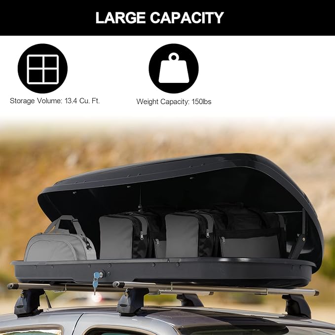 TUFFIOM 13.4 cu.ft. Rooftop Cargo Box w/Keys, Hard Shell Waterproof Travel Roof Storage Cargo Carrier Luggage Rack, 61" L x 27.6" W x 13.8" H, Dual-Side Opening, for SUV Car Van w/Cross Bars, Black