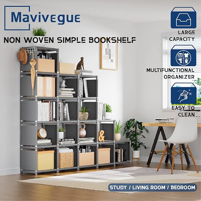 Mavivegue Bookshelf,18 Cube Storage Organizer,Extra Large Book Organizer,Tall Bookcase Shelf,Book Cases/Shelves,Grey Cube She
