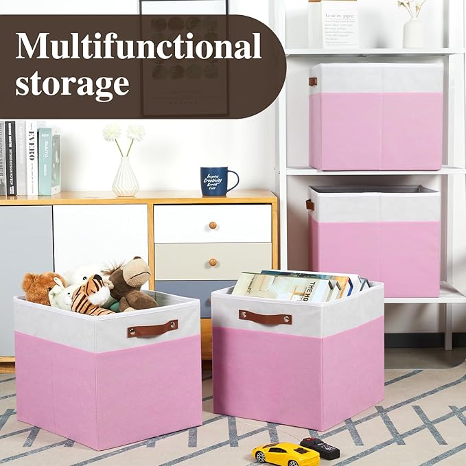 Temary Foldable Cube Baskets 4Pack - Clothes Shelf Storage with Handles, Fabric Storage Organizer Bins (White&Pink, 13x15x13 
