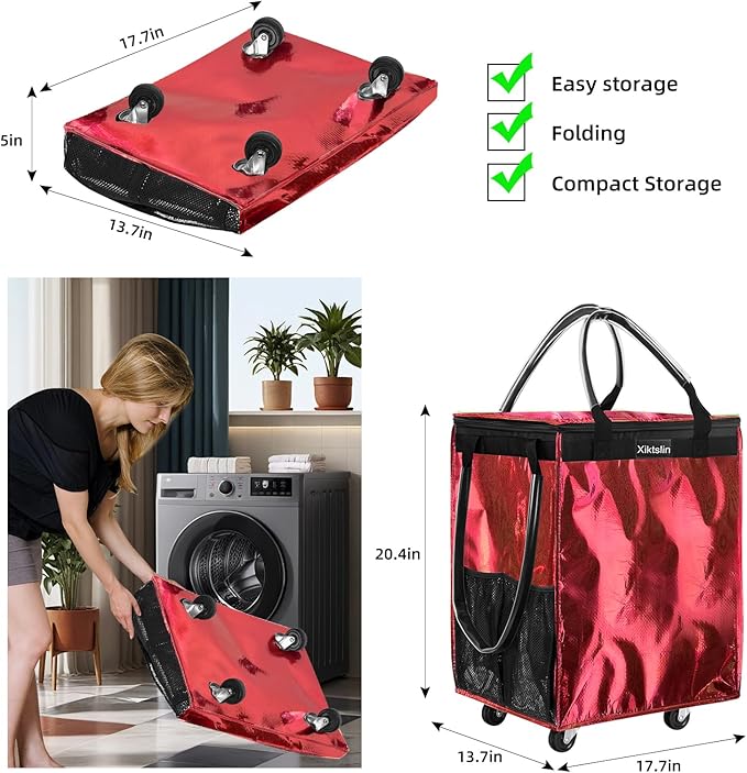 (Medium, Red) Reusable Grocery Bag on 4 Wheels, Foldable Rolling Tote Carries Up to 66lb Shopping Trolley, Rolling Bag with 3 Handles, Zipper Clouser Rolling Tote Bag with Wheels for Laundry