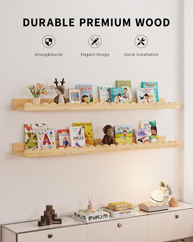 Shario Nursery Book Shelves, 4-Pack Wood Floating Shelves for Wall Kids, Scalloped Shelves, Wall Book Shelves for Bedroom Kid