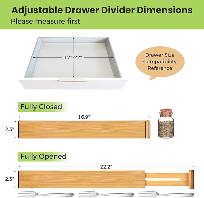 Fyvva Drawer Divider, Adjustable Bamboo Kitchen Drawer Organizer, Spring Loaded Drawer Organizer, Dresser Separators for Kitc
