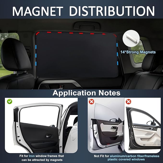 XCBYT Blackout Car Window Shades for Rear Side Windows, 2 Pack Magnetic Sun Shades for Baby Sleep, UV Protection & Heat Reduction, Back Seat Privacy Covers for Travel & Naps