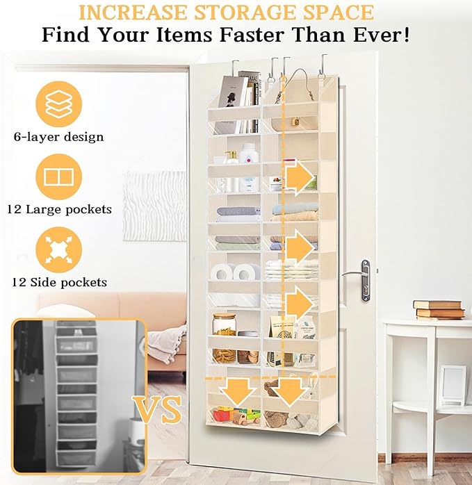 2 Pack Over The Door Organizer 6 Tiers, Extra Large Behind Door Storage of 12 Compartments, 80 lbs Weight Capacity Hanging St