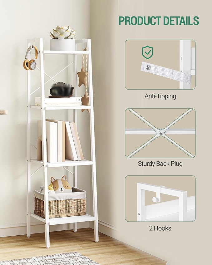 Hzuaneri Ladder Shelf, Bookshelf Bookcase, Freestanding Corner Storage Shelve with 2 Hooks for Home Office, Living Room, Kitc