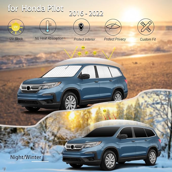 KMF 8pcs Thicken Sun Shades for Honda Pilot 2016-2022 Accessories, Custom Fit Full Car Window Covers Sunshade for Windshield Side Rear, UV Block and Blackout Privacy for Camping Outdoor