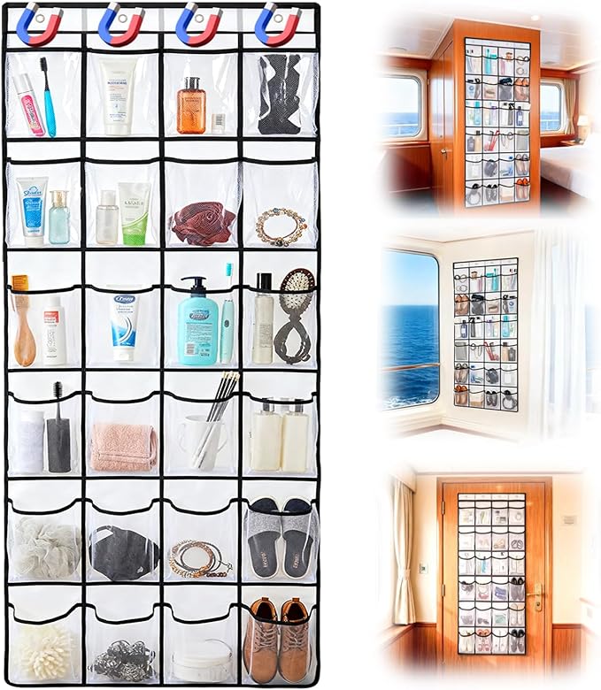 Cruise Essentials 2026 Over The Door Organizer For Cruise Ship 24 Pocket Magnetic Door Organizers with 4 Metal Hooks and 4 St