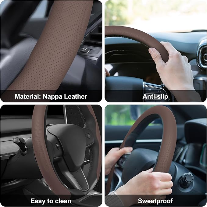 Frani Nappa Leather Steering Wheel Cover,Universal Fit 15 Inch-Premium Non-Slip Breathable Comfort Grip for Cars Trucks SUVs,Anti-Slip Durable Interior Upgrade Cocoa Brown