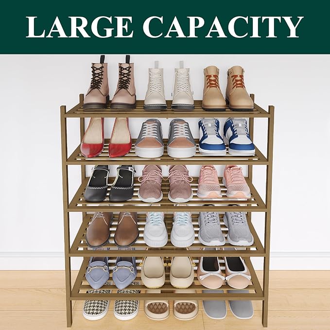 Smiry Bamboo Shoe Rack 5-Tier, Stackable Wooden Shoe Organizer for Entryway & Closet, Free Standing Wood Shoe Storage Shelf f