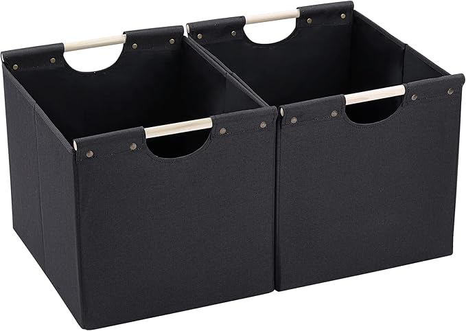 HOONEX Large Collapsible Storage Bins, Linen Fabric, Pack of 2, Storage Baskets with Wooden Carry Handles and Sturdy Heavy Ca