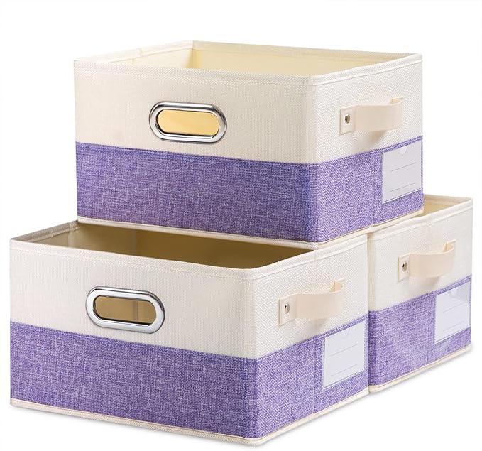 PRANDOM Fodable Storage Bins for Closet [3-pack] Decorative Fabric Storage Baskets Cubes with Leather/Metal Handles for Shelv
