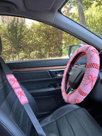 Handmade Crochet Pink Bow Car Steering Wheel Covers Universal 14-15 inch,Cute Steering Wheel Cover,Car Accessories (A,Steering Wheel Cover+2 Belt Cover)