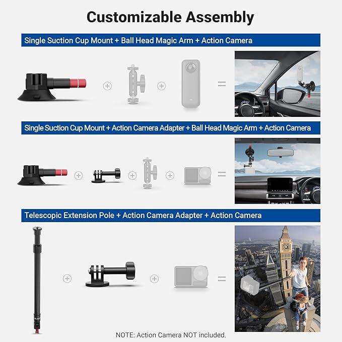NEEWER Triple Suction Cup Car Mount Kit, Two 24" Aluminum Alloy Extension Poles, NATO Rail, Action Camera Adapter Compatible with GoPro DJI Insta 360, Max Load 2.2 lb, CA166