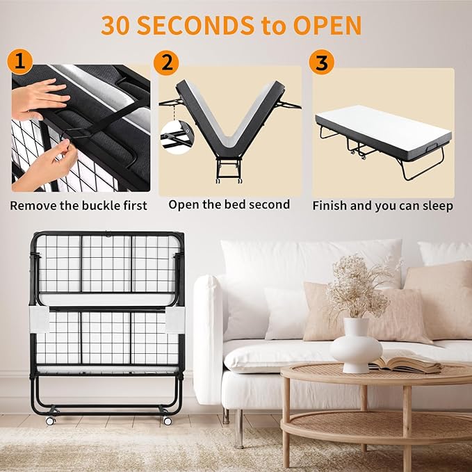 MAMIZO Foldable Bed,Portable Bed,Folding Bed with Mattress,75" x 38" Twin Size Rollaway Bed with Mattress for Adults,Metal Fr