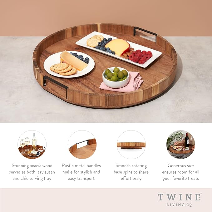 Twine Lazy Susan 20 inch Wooden Serving Board, Countertop Lazy Susan for Kitchen Decor, Turntables for Kitchen Countertop Dec