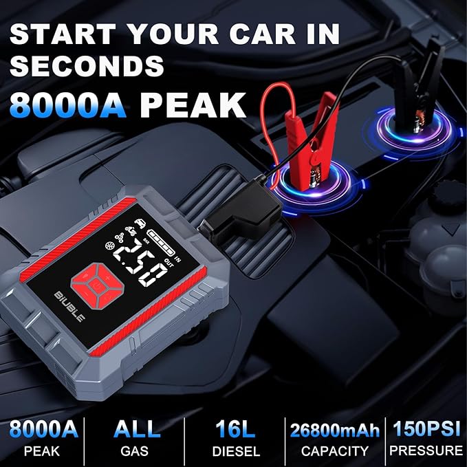 8000A Jump Starter with Air Compressor, 26800mAh Car Battery Jump Starter (All Gas/16L Diesel), 150PSI Battery Jumper