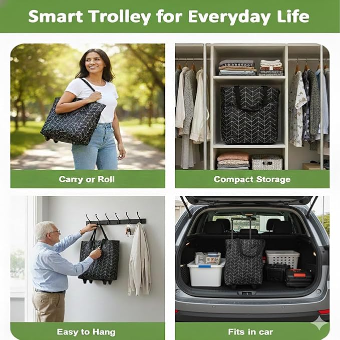 2-in-1 Foldable Shopping Bag with Wheels, Foldable Shopping Cart with Telescopic Handle, Reusable Eco-Friendly Shopping Bag for Women & Senior(Black Checkered Pattern)