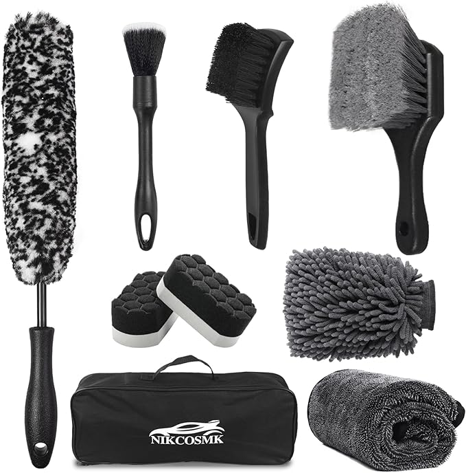 9Pcs Car Wheel & Tire Brush Kit, Wheel Cleaner Brush, Soft-bristled Rim Brush, Car Drying Towel (36"x 24"), Tire Shine Applic