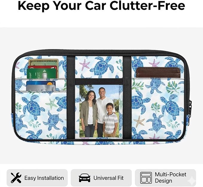 Sea Turtle Car Sun Visor Organizer with Multi-Pocket Sun Visor Organizer Personalized Easy to Store and Install Universal Fit for Most Cars SUV