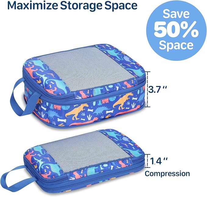 Kids Compression Packing Cubes, 4 Piece Set for Carry On Suitcase, Water Resistant Travel Luggage Organizers with Shoe Bag, T