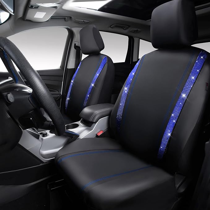 CAR PASS Leather Diamond Bling Car Seat Covers 2 Front Interior Sets, Waterproof Universal Shining Glitter Crystal Sparkle Fit for 95% Automotive Truck SUV Cute Women Girl, Black Blue Rhinestone