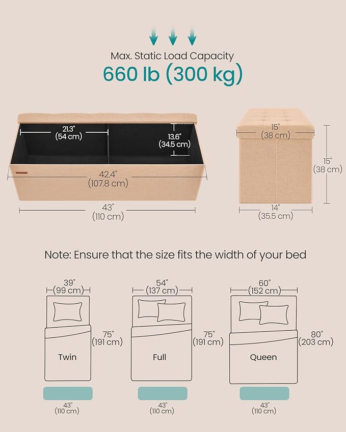 SONGMICS Mazie Collection - Storage Ottoman Bench, 43 Inches Folding Foot Rest Stool, End of Bed Bench, Easy Assembly, for Li