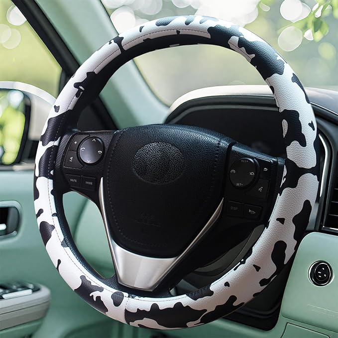 Universal Steering Wheel Cover Women 14.5-15 inch car Accessories Cow Print Western Leather Anime Black and White Cute Wheel 