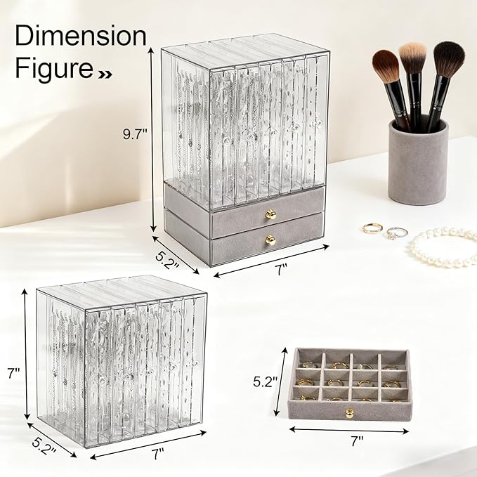 Greenfeather Jewelry Organizer with 7 Removable Drawers, Clear Acrylic Jewelry Box with 40 Necklace Hooks, 120 Pairs of Earri
