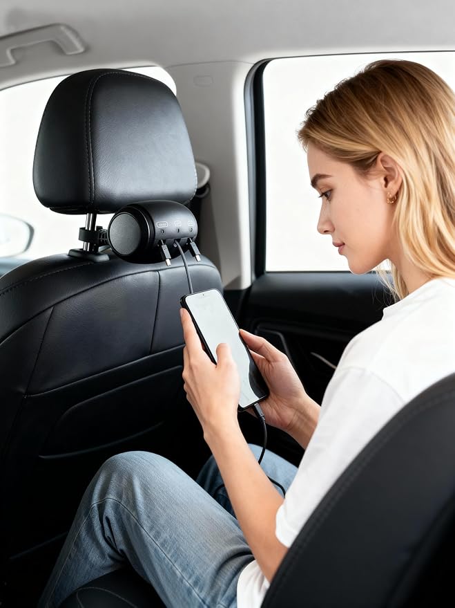 Retractable Car Backseat Charger–3-in-1 Car Backseat Charging Station, Rideshare & Private Car Essential, Fast Charge, 360° Rotating Headrest Mount – Universal USB-C/Lightning/Micro-USB for All phones