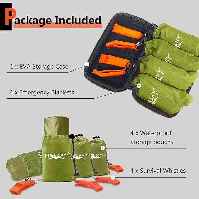 Frelaxy Emergency Blanket 2-Pack/4-Pack, Extra-Thick Extra-Large Space Blankets with Whistles, Storage Pouchs, and EVA case, 