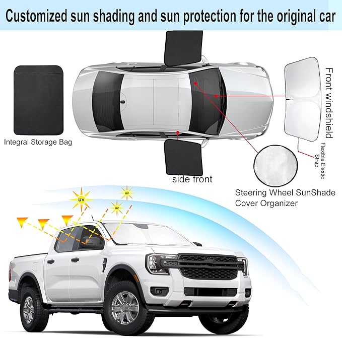 3PCS Car Window Shades Front Windshield Sun Shade Foldable Window Shade Custom Fit for Ford Ranger 2019-2024 Accessories Car Shades for Front Windows Anti-UV Rays Block Heat