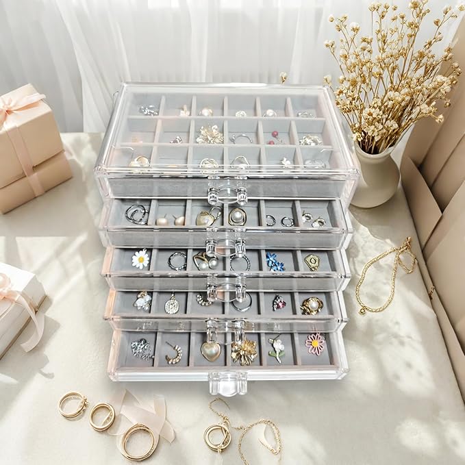 Acrylic Earring Holder Organizer with 5 Drawers Clear Earring Organizer Box with 90 Adjustable Grids Velvet Earring Display C