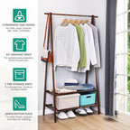 Jotsport Bamboo Clothing Rack Foldable Clothes Hanging Stand with 2 Tier Storage Shelf for Laundry, Guest Room, Apartment, En