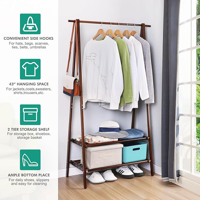 Jotsport Bamboo Clothing Rack Foldable Clothes Hanging Stand with 2 Tier Storage Shelf for Laundry, Guest Room, Apartment, En