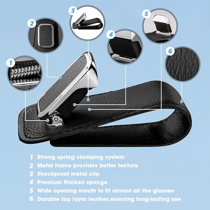 Sunglasses Holder for Car, One-Handed-Operation Leather Sunglasses Clip for Car Sun Visor, 2Pack Sturdy Eyeglasses Holder and Ticket Card Clip, Auto Interior Car Visor Accessories (Black)