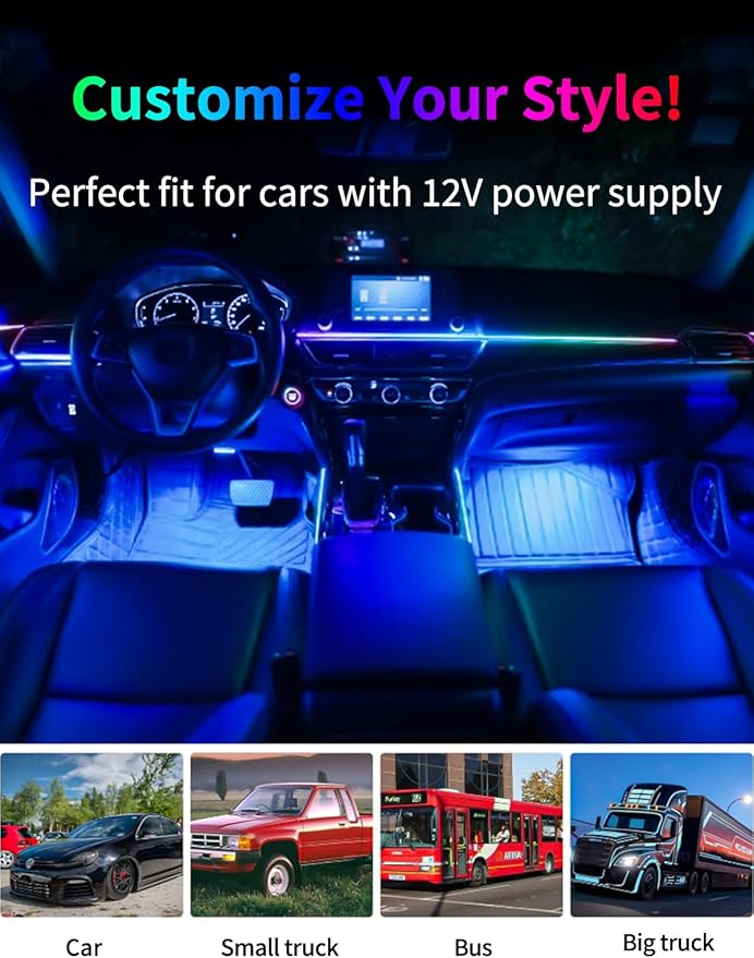Interior Car Strip Lights Acrylic Car Decorative Lights with APP Control Multicolor Internal Lighting Kit Music&DIY Function Ambient Fiber Optic Strip LEDs Valentine’s Day's for Truck