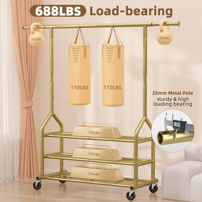 EAGMAK Heavy Duty Clothes Rack Load 688 LBS, Rolling Clothing Rack With 3 Shelves, Adjustable Metal Clothes Hanger with Wheel