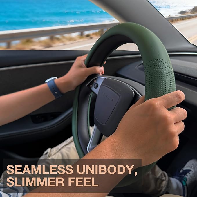 PINCTROT Nappa Leather Steering Wheel Cover for Tesla Model Y/3 Highland/Juniper, D Shaped 14 Inch Small Sized with Breathabl